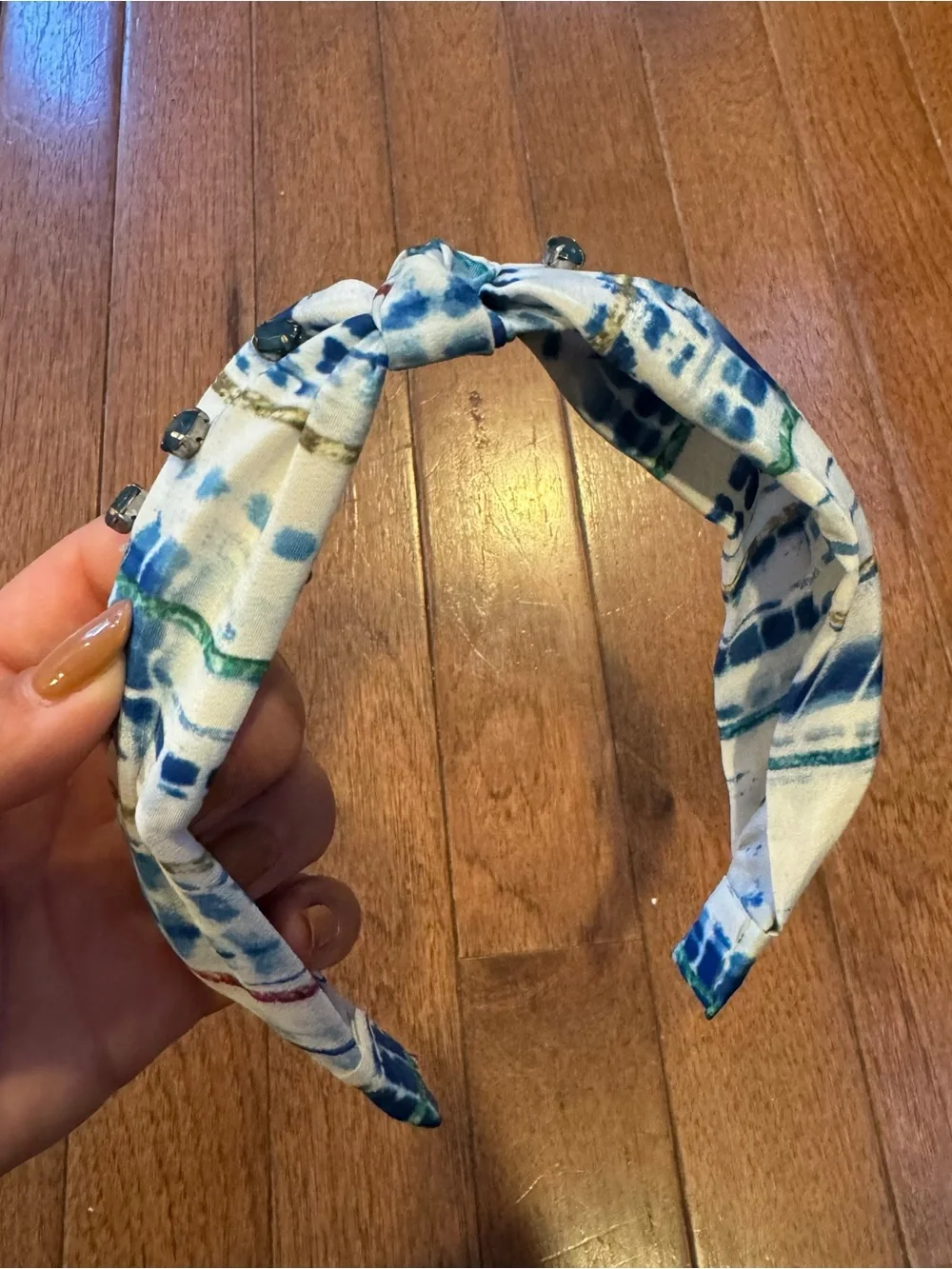 Blue & White Patterned Padded Headband with Gem Accents